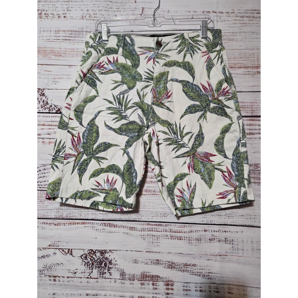 Plugg Flex Mens 31 Tropical Bird of Paradise Palm Leaf Print Shorts White Green